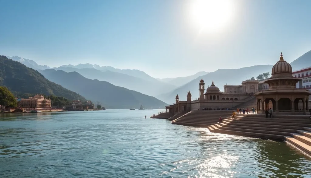 A serene river confluence surrounded by verdant hills and ancient temples. The tranquil waters of the Tribeni Ghats shimmer under the warm afternoon sun, as pilgrims gather on the stepped riverbanks to offer prayers. Towering Himalayan peaks rise in the distance, their snow-capped summits glowing against a clear azure sky. Ornate stone carvings and intricate architecture adorn the ghats, casting elegant shadows across the gently lapping waves. Capture the timeless spiritual atmosphere of this sacred site, with natural light softly illuminating the scene and a sense of reverence pervading the air.