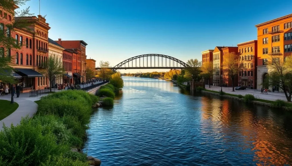 A serene riverfront scene in Peoria, Illinois on a picturesque spring day. The historic buildings along the water's edge are bathed in warm, golden sunlight, their brick and stone facades reflecting in the gently rippling river. A scenic pedestrian path winds through lush greenery, inviting visitors to explore the area's charm and history. In the background, the iconic Murray Baker Bridge arches gracefully over the water, creating a striking architectural focal point. The overall atmosphere evokes a sense of tranquility and small-town Midwestern character.