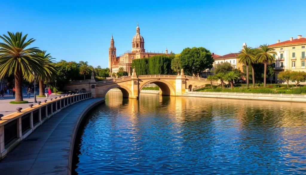 A serene riverside promenade along the picturesque Guadalquivir River in Seville, Spain. Warm sunlight dapples the calm waters as pedestrians stroll along the elegant stone embankment, enjoying views of the city's historic architecture. Lush palm trees and blooming flowers line the riverbank, creating a lush, tranquil atmosphere. In the middle ground, a traditional Andalusian-style bridge spans the river, its ornate stone arches reflecting in the glistening surface below. In the distance, the iconic Seville Cathedral and Giralda tower rise majestically, completing the breathtaking riverside panorama.