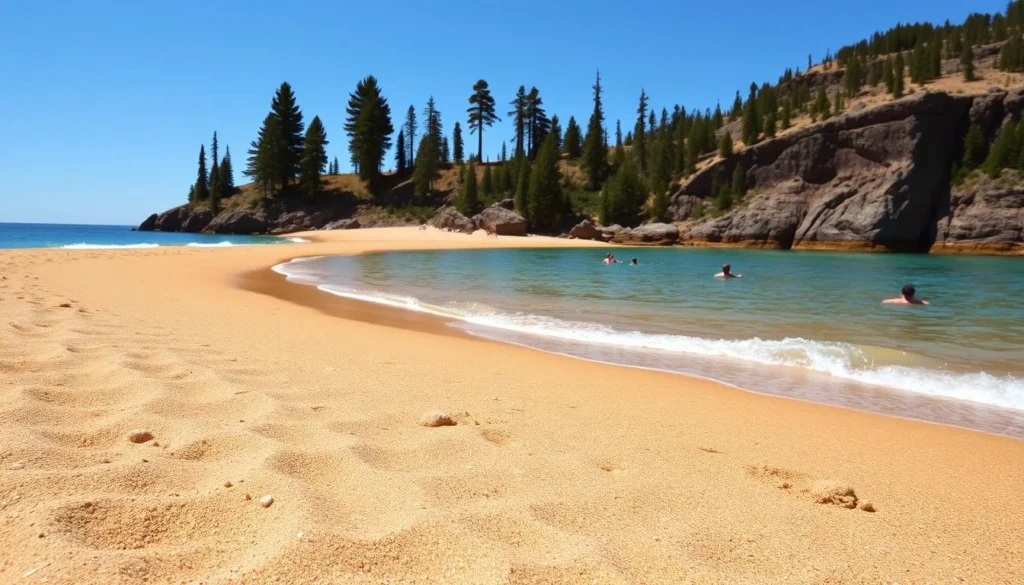 A serene sandy beach along the majestic shores of Lake Superior, with gentle waves lapping against the golden shoreline. In the foreground, fine grains of sand glisten under the warm sun, inviting visitors to kick off their shoes and sink their toes into the soft, cushiony surface. The middle ground features a gradual slope leading into the clear, turquoise waters of the lake, with a few brave swimmers enjoying the refreshing coolness. In the background, towering pine trees and rugged cliffs frame the scene, creating a stunning natural backdrop. The overall mood is one of tranquility and relaxation, perfectly capturing the essence of a perfect day at the beach on the shores of Lake Superior.