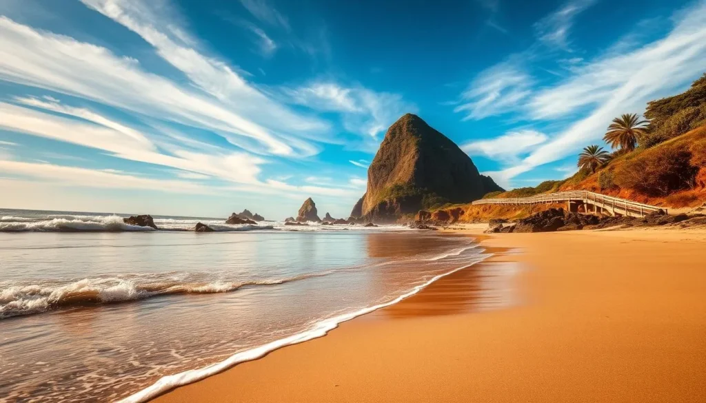 A serene sandy beach nestled against the majestic Morro Rock, a towering volcanic monolith rising majestically from the Pacific. Gentle waves caress the shoreline, creating a soothing rhythm. In the foreground, sun-dappled tide pools teem with marine life. The middle ground features a picturesque boardwalk leading towards the iconic rock, framed by lush coastal vegetation. The background showcases the dramatic Central California skyline, with wispy clouds drifting overhead. Warm, golden sunlight bathes the scene, creating a tranquil and inviting atmosphere. Capture the essence of this breathtaking natural wonder in rich, vivid detail.