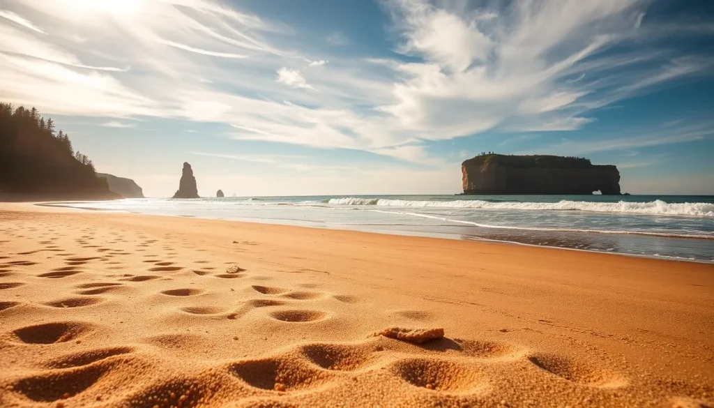 A serene sandy beach on the shores of Lake Superior, surrounded by the stunning Pictured Rocks cliffs. Warm sunlight filters through wispy clouds, casting a soft glow over the scene. In the foreground, fine grains of sand stretch out, inviting visitors to kick off their shoes and sink their toes in. The middle ground features gentle waves lapping at the shore, their soothing rhythm a tranquil backdrop. In the distance, the majestic multicolored sandstone formations of the Pictured Rocks rise up, creating a dramatic and awe-inspiring vista. The overall atmosphere evokes a sense of peaceful relaxation, perfect for those seeking to unwind and soak in the natural beauty of this remarkable national lakeshore.