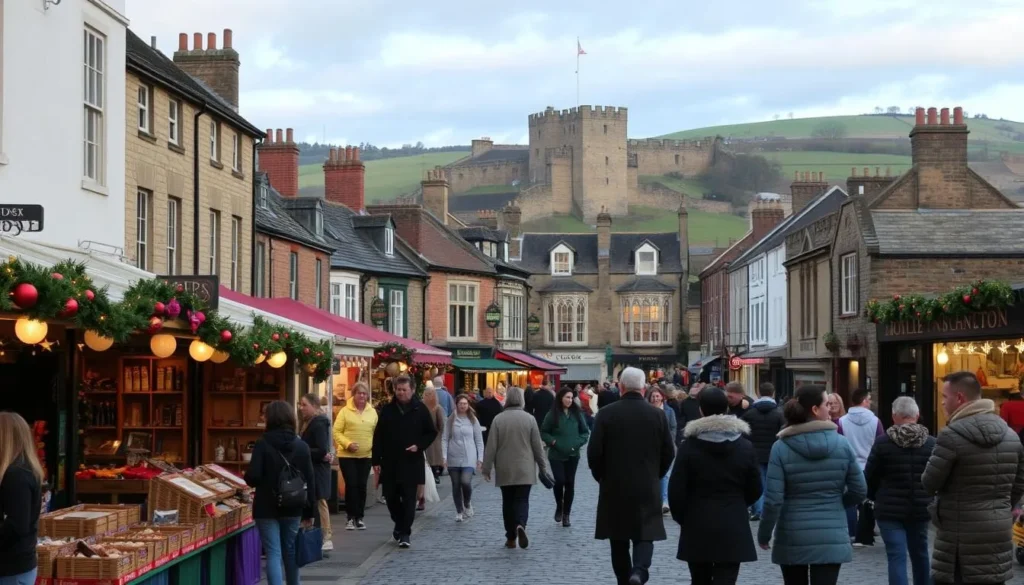A serene scene of Lancaster, England in the midst of a vibrant seasonal celebration. In the foreground, a bustling outdoor market showcases local artisan crafts and delectable delicacies, with warm natural lighting casting a cozy glow. In the middle ground, people of all ages stroll along the quaint cobblestone streets, admiring the charming Tudor-style buildings and lively street performers. In the background, the iconic Lancaster Castle and the rolling green hills beyond create a picturesque backdrop, conveying a sense of timeless elegance. The overall mood is one of community, tradition, and the natural beauty that defines this historic town throughout the year.