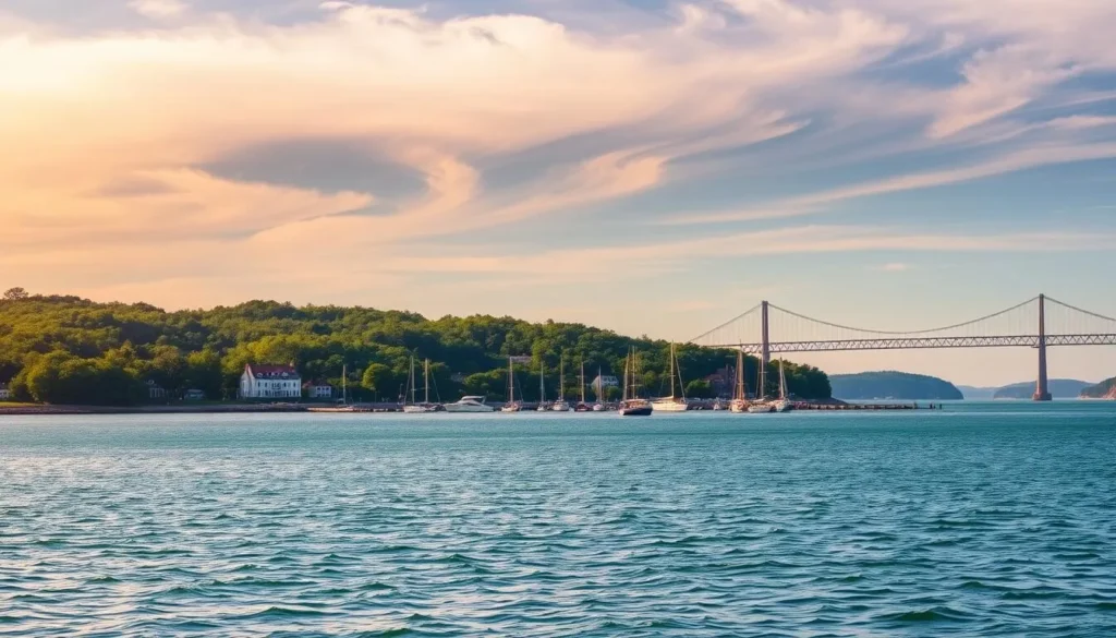 A serene scene of Mackinac Island, its rolling hills and historic architecture embraced by the tranquil waters of Lake Huron. Warm sunlight filters through wispy clouds, casting a soft glow over the island's picturesque shoreline. Sailboats gently sway in the harbor, their masts reflecting in the rippling surface. In the distance, the iconic Mackinac Bridge stands tall, a testament to the region's natural beauty. The lush, verdant foliage of the island's interior contrasts with the cool, azure hues of the lake, creating a harmonious and inviting atmosphere. Capture the essence of Mackinac Island's weather-influenced charm, a perfect representation of the best months to visit this scenic Michigan destination.
