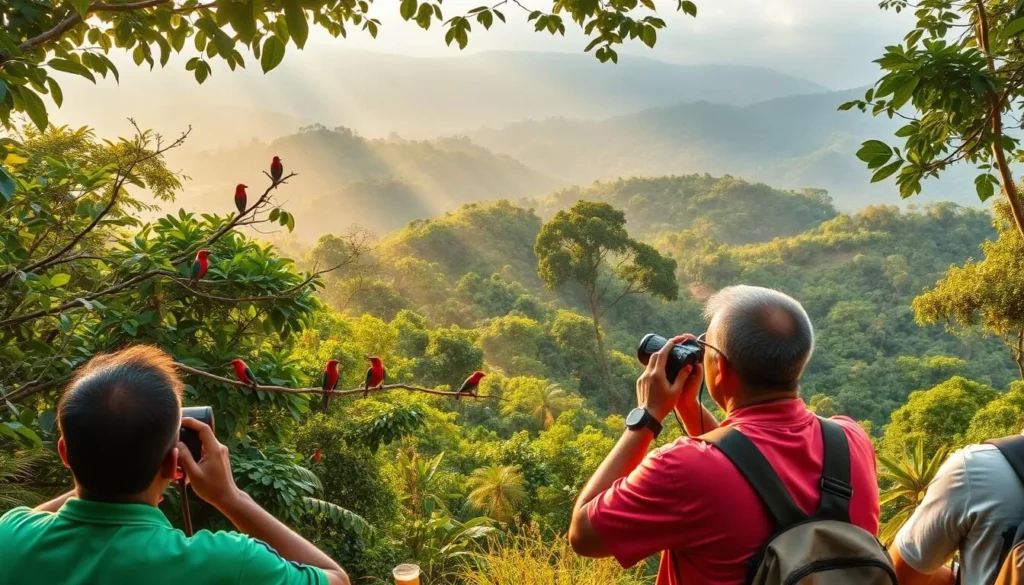 A serene scene of avid birdwatchers in the lush, verdant forests of Equatorial Guinea. In the foreground, a group of nature enthusiasts, binoculars in hand, quietly observing the vibrant array of tropical birds perched on the branches above. The middle ground showcases the dense, diverse canopy, rays of warm, golden sunlight filtering through the leaves. In the background, the misty, undulating hills of the Central African nation create a breathtaking, picturesque landscape. The mood is one of tranquility and wonder, as the birdwatchers immerse themselves in the natural splendor of this equatorial paradise.