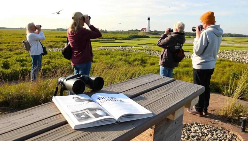A serene scene on Plum Island, Massachusetts, where avid birdwatchers observe a diverse array of feathered creatures. In the foreground, a pair of binoculars and a field guide rest on a weathered wooden bench, while in the middle ground, birders attentively scan the skies and marshes for migratory birds. The background showcases the island's lush, verdant landscape, with a picturesque lighthouse in the distance, bathed in warm, golden sunlight. The atmosphere is tranquil and inviting, perfectly capturing the essence of a birdwatcher's haven.
