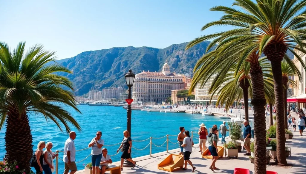 A serene seaside promenade in Monaco, with the iconic Monte Carlo Casino visible in the distance. Sunlight glimmers off the azure waters of the Mediterranean, as people stroll along the picturesque walkway, taking in the stunning views of the Principality's iconic architecture and natural beauty. In the foreground, a group of locals and tourists enjoy a lively game of petanque, a traditional French bowls game, against the backdrop of lush palm trees and blooming flowers. The scene exudes a sense of relaxation and wonder, capturing the essence of the best free things to do in this enchanting coastal city.