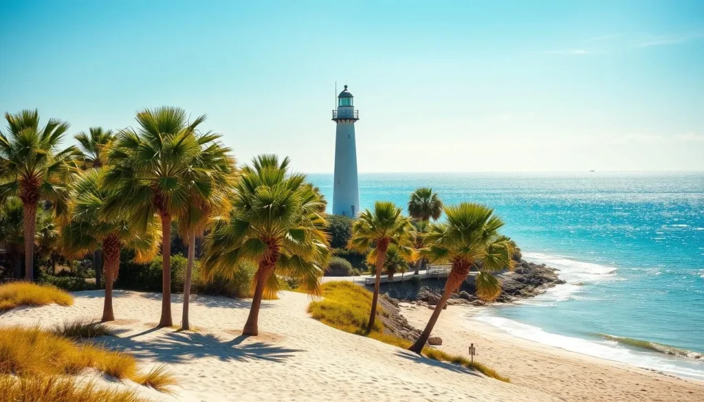 A serene seaside scene on Amelia Island, Florida. In the foreground, sun-dappled sandy beaches and lush palm trees sway gently in the coastal breeze. The middle ground features a historic lighthouse standing tall, its white facade gleaming in the warm sunlight. In the background, the Atlantic Ocean stretches out, its azure waters sparkling with reflections of the sky above. The overall mood is one of tranquility and natural beauty, inviting the viewer to immerse themselves in the island's captivating charm.