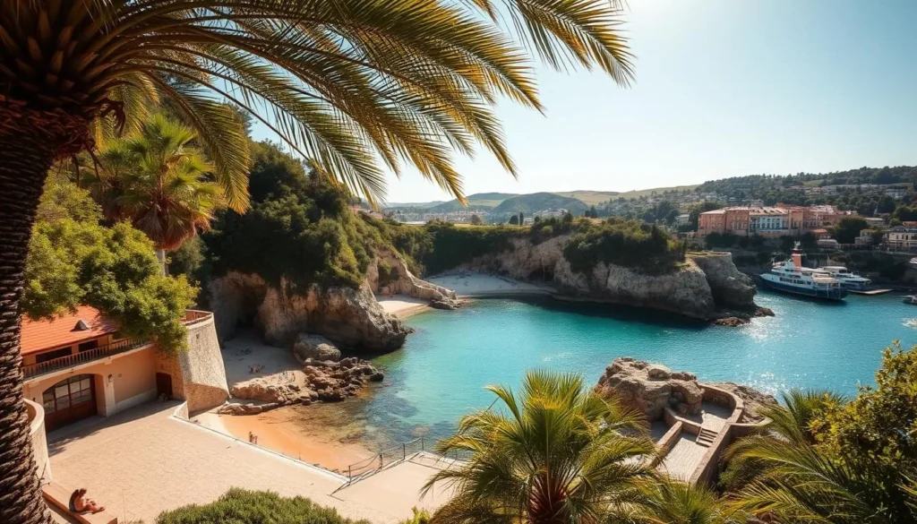 A serene, secluded cove nestled along the Basque coast of Biarritz, France. Crystalline turquoise waters lap gently against a crescent of golden sand, framed by rugged limestone cliffs and lush, verdant foliage. Dappled sunlight filters through swaying palm trees, casting a warm, tranquil glow across the hidden paradise. In the foreground, a few beachgoers enjoy the tranquility, while the middle ground reveals a picturesque harbor and quaint seaside architecture. The background showcases the rolling hills and charming architecture that define the Biarritz skyline. Capture the essence of this enchanting, off-the-beaten-path gem with a cinematic, wide-angle lens.