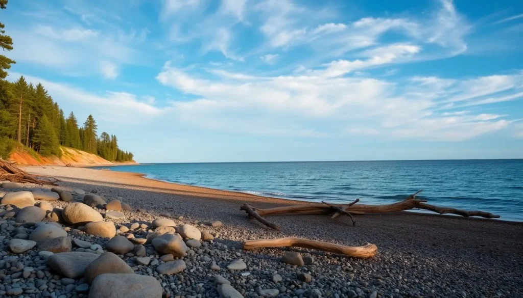 A serene shoreline of Lake Superior, the largest of the Great Lakes, nestled within the verdant forests of northern Minnesota. The tranquil waters reflect the azure sky, dotted with wispy clouds. In the foreground, smooth rocks and driftwood line the pebbly beach, inviting exploration. The middle ground features a gentle slope leading up to a pine-covered ridge, casting soft shadows over the scene. Warm, diffused sunlight bathes the entire landscape, creating a peaceful, naturalistic atmosphere. Capture the essence of this picturesque corner of Gooseberry Falls State Park, where the rugged shoreline of Lake Superior meets the lush, untamed wilderness.