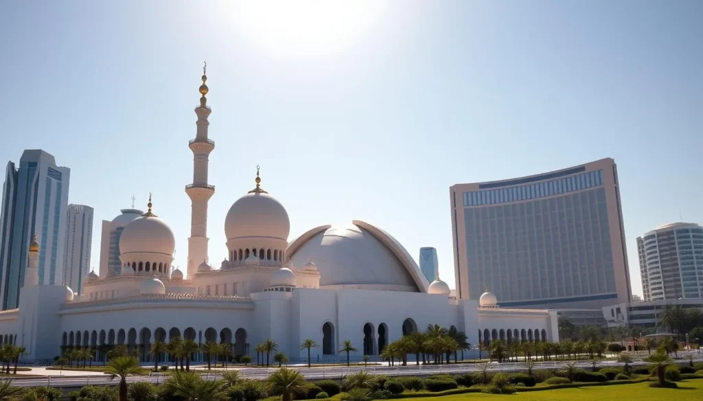 A serene skyline of Abu Dhabi's iconic landmarks on a sun-drenched day. In the foreground, the majestic Sheikh Zayed Grand Mosque stands tall, its ornate white marble and gleaming gold domes reflecting the warm light. In the middle ground, the sweeping curves of the Louvre Abu Dhabi museum catch the eye, nestled between the modern skyscrapers. In the distance, the stunning Emirates Palace hotel shimmers, its beige facade accentuated by the clear blue sky. The scene exudes a sense of tranquility and architectural grandeur, capturing the free sights and experiences that make Abu Dhabi a must-visit destination.