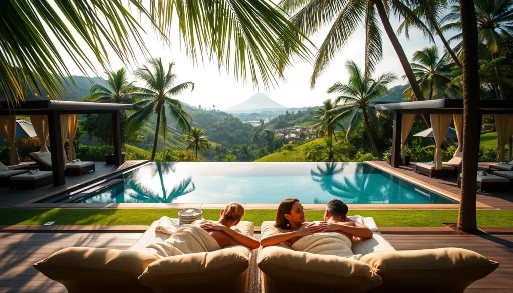 A serene spa retreat nestled in the lush, rolling hills of Tagaytay, Philippines. A tranquil outdoor pool reflects the verdant landscape, surrounded by stylish cabanas and elegant lounge furniture. Soft, natural light filters through the leaves of towering palm trees, casting a warm, soothing glow across the scene. In the foreground, a couple relaxes side-by-side on plush, cushioned daybeds, enjoying a couples massage, their expressions calm and blissful. The background features a picturesque view of the distant Taal Volcano, its silhouette hazy and dreamlike. An atmosphere of pure serenity and wellness pervades the entire setting.