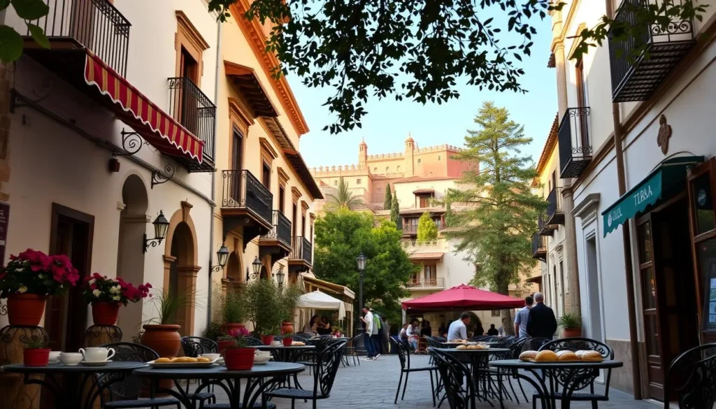 A serene street in Granada, Spain, lined with cozy teahouses. In the foreground, elegant wrought-iron tables and chairs invite visitors to linger over steaming cups of fragrant tea and delicate pastries. Vibrant potted plants and colorful awnings add a touch of warmth. The middle ground features quaint, whitewashed buildings with ornate balconies and intricate tilework. In the background, the iconic Alhambra palace complex rises majestically, its red-hued walls bathed in soft, golden light. A gentle breeze rustles the leaves of nearby trees, creating a tranquil, unhurried atmosphere perfect for indulging in Granada's renowned sweet treats and enjoying the city's rich cultural heritage.