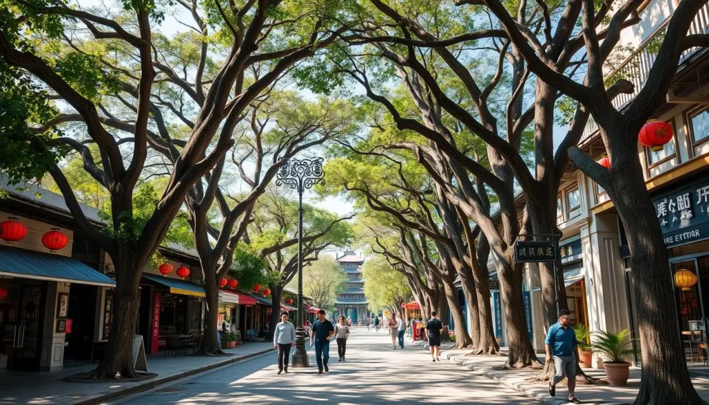 A serene street in Guangzhou, China, lined with towering ancient trees casting dappled shadows on the weathered stone pavement. Quaint shops and cafes spill onto the sidewalk, their colorful facades and hanging lanterns creating a warm, inviting atmosphere. In the distance, a pagoda-style temple rises, its ornate roof silhouetted against the clear blue sky. A handful of locals stroll leisurely, offering a glimpse into the city's unhurried, off-the-beaten-path lifestyle. The scene is captured with a wide-angle lens, emphasizing the depth and scale of this hidden urban oasis, bathed in soft, golden afternoon light.