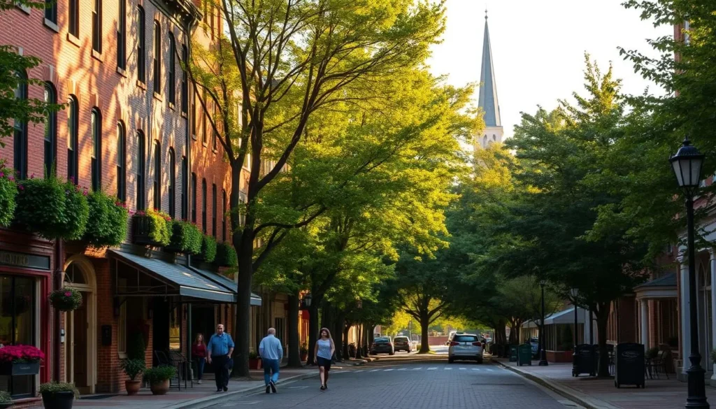 A serene street in the heart of Bethesda, Maryland, bathed in warm, golden afternoon sunlight. Elegant brick townhouses line the sidewalks, their façades adorned with lush greenery and blooming flower boxes. Pedestrians stroll leisurely, admiring the charming storefronts and cafes that exude a unique local flair. In the distance, the spire of a historic church rises, while a lush canopy of trees filters the sunlight, casting a gentle, dappled glow over the entire scene. The atmosphere is one of tranquility and community, inviting visitors to slow down, explore, and discover the unique charm of this vibrant urban neighborhood.