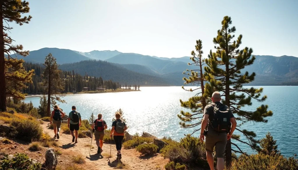 A serene summer day at Big Bear Lake, California. In the foreground, a group of hikers traverse a well-worn trail, their backpacks and hiking gear suggesting an adventurous journey. The middle ground reveals the crystalline waters of the lake, glistening under the warm sun. In the background, majestic pine-covered mountains rise, their peaks shrouded in a soft haze. The lighting is natural and warm, casting a golden glow over the scene. The overall mood is one of tranquility and exploration, inviting the viewer to imagine themselves immersed in the beauty of this idyllic summer setting.