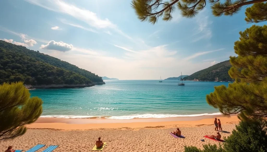 A serene summer day at Parga Beach, Greece. The turquoise waters of the Ionian Sea gently lap against the golden sandy shore, surrounded by lush green hills. Sunlight filters through wispy clouds, casting a warm glow over the picturesque scene. In the foreground, beachgoers relax on colorful towels, while in the distance, boats dotting the horizon. Capture the tranquil atmosphere and natural beauty of this idyllic Mediterranean destination, perfect for a visit during the best time of year. A serene summer day at Parga Beach, Greece. The turquoise waters of the Ionian Sea gently lap against the golden sandy shore, surrounded by lush green hills. Sunlight filters through wispy clouds, casting a warm glow over the picturesque scene. In the foreground, beachgoers relax on colorful towels, while in the distance, boats dotting the horizon. Capture the tranquil atmosphere and natural beauty of this idyllic Mediterranean destination, perfect for a visit during the best time of year.