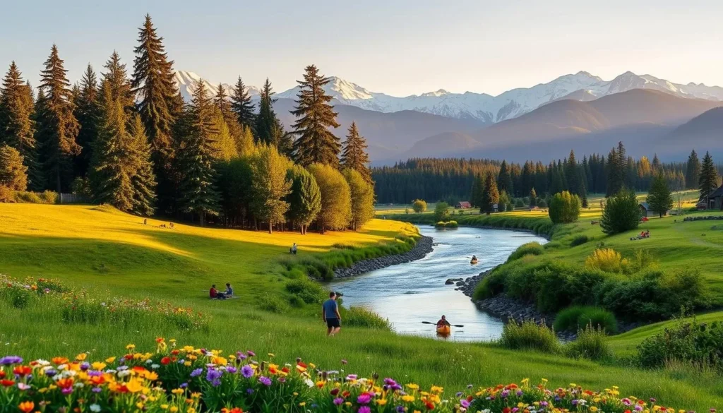 A serene summer day in Skagit Valley, Washington. Rolling green hills dotted with vibrant wildflowers in the foreground. A crystal-clear river winds through the middle ground, flanked by towering evergreen trees. In the distance, the majestic Cascade mountains rise, their snow-capped peaks glowing under warm, golden sunlight. People leisurely kayak, hike, and picnic along the riverbanks, enjoying the tranquil outdoor activities. The scene exudes a sense of peaceful, rustic charm, perfectly capturing the essence of a quintessential Skagit Valley summer.