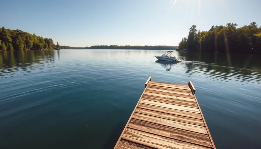 A serene summer day on Big Sandy Lake, Minnesota. A wooden dock extends into the calm, azure waters, inviting boaters to cast off and explore the peaceful cove. Sunlight dances across the lake's surface, casting a warm glow on a small motorboat gently drifting nearby. Lush, verdant trees line the shoreline, their reflection mirrored in the still waters. A picturesque scene of outdoor recreation, capturing the tranquil beauty of this North Woods destination.