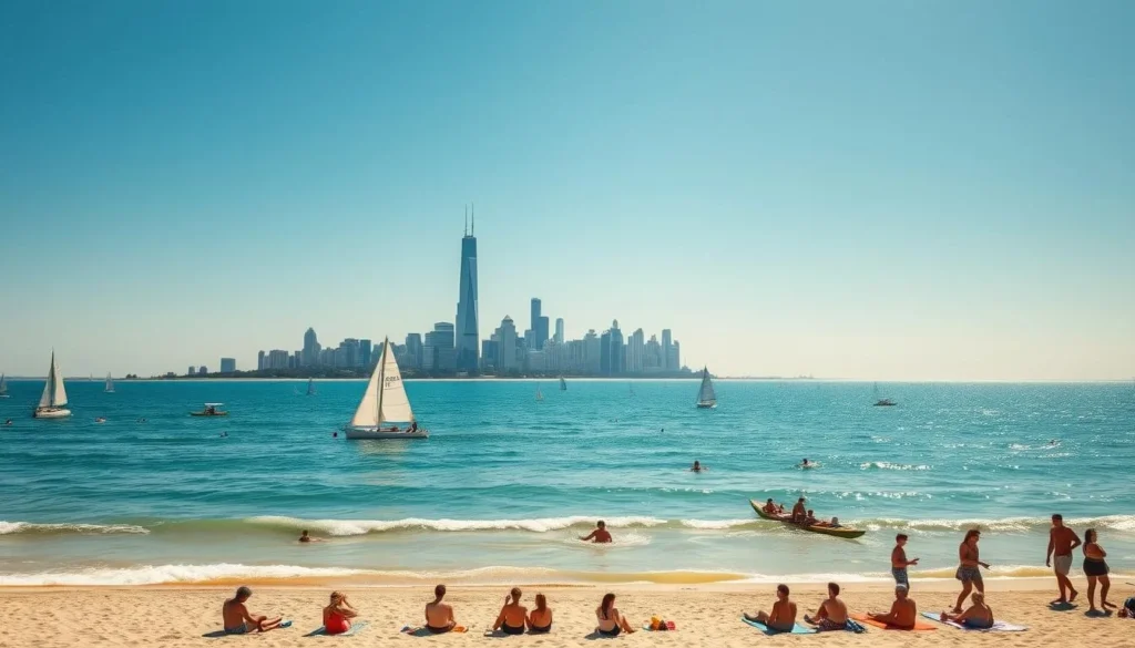 A serene summer day on the shores of Lake Michigan, with a vibrant blue sky overhead and the glistening waters of the lake stretching out to the horizon. In the foreground, people enjoy a variety of water activities - sailing graceful yachts, paddling colorful kayaks, and splashing in the gentle waves. The middle ground features a bustling beach, with families relaxing on towels, children building sandcastles, and beachgoers strolling along the shoreline. In the background, the iconic Chicago skyline stands tall, its skyscrapers casting long shadows on the water. The scene is bathed in warm, golden sunlight, creating a sense of tranquility and leisure. The overall mood is one of relaxation and outdoor adventure, perfectly capturing the best of what the Lake Michigan shoreline has to offer water enthusiasts.