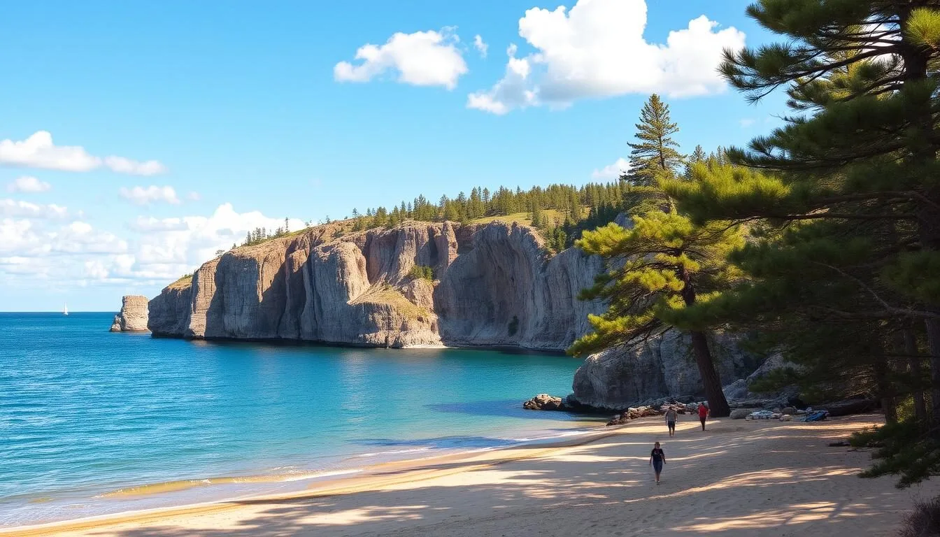 A serene summer scene of Lake Superior, the largest of the Great Lakes, nestled amidst the rugged shores of Marquette, Michigan. The crystal-clear waters reflect the azure sky, dotted with fluffy white clouds. In the foreground, a sandy beach is framed by towering cliffs, their weathered rock faces bathed in warm, golden sunlight. Swaying pine trees line the shore, their verdant boughs casting gentle shadows. A few beachgoers stroll along the water's edge, enjoying the tranquil atmosphere. In the distance, the horizon is punctuated by the silhouettes of sailboats gliding across the shimmering surface. This idyllic scene captures the natural beauty and serene ambiance that make Marquette a premier summer destination.
