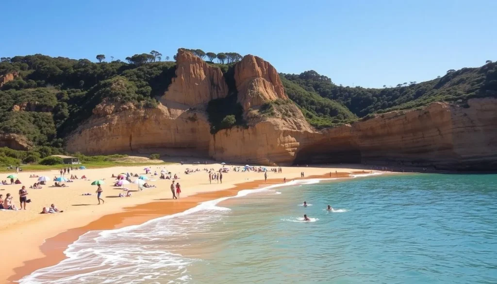 A serene, sun-dappled afternoon at Torquay Beach, Victoria. Pristine golden sands stretch out, dotted with colorful beach umbrellas and sunbathers. In the middle-ground, families and friends frolic in the gently lapping azure waves. Towering sandstone cliffs rise up in the background, their weathered faces casting dramatic shadows over the tranquil scene. A light, salty breeze ruffles the lush coastal vegetation adorning the clifftops. The overall atmosphere is one of relaxation and quiet enjoyment, perfectly capturing the allure of this picturesque gateway to the Great Ocean Road. A serene, sun-dappled afternoon at Torquay Beach, Victoria. Pristine golden sands stretch out, dotted with colorful beach umbrellas and sunbathers. In the middle-ground, families and friends frolic in the gently lapping azure waves. Towering sandstone cliffs rise up in the background, their weathered faces casting dramatic shadows over the tranquil scene. A light, salty breeze ruffles the lush coastal vegetation adorning the clifftops. The overall atmosphere is one of relaxation and quiet enjoyment, perfectly capturing the allure of this picturesque gateway to the Great Ocean Road.
