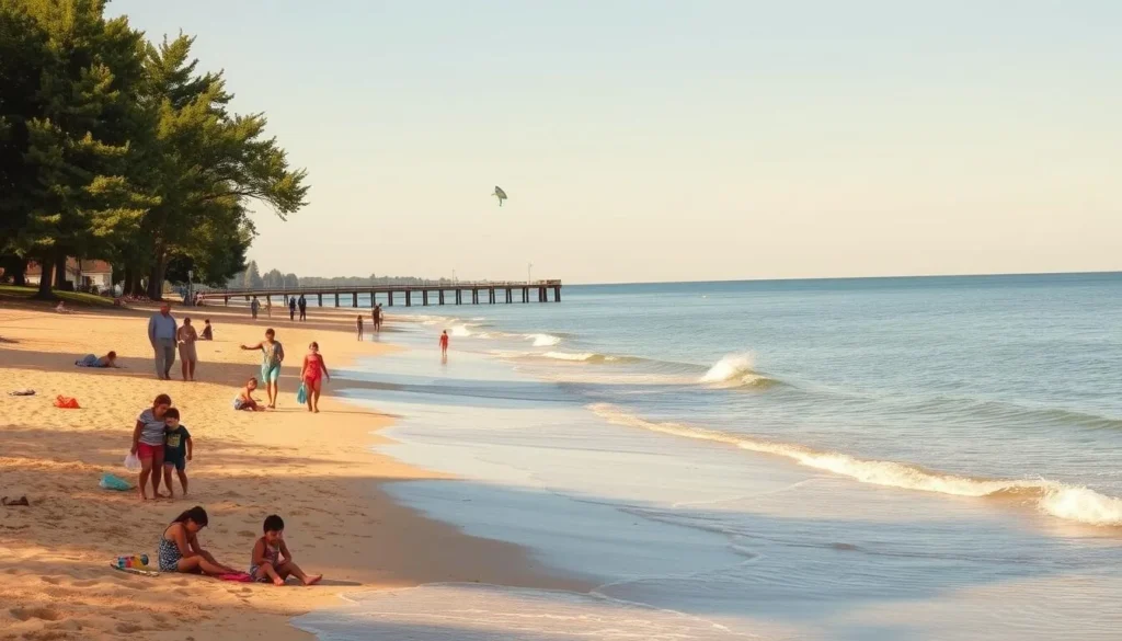 A serene, sun-dappled beach along the shores of Lake Michigan, Wisconsin. In the foreground, families frolic in the gentle waves, children building sandcastles and flying colorful kites. The middle ground reveals a picturesque wooden pier, couples strolling hand-in-hand. In the distance, a panoramic view of the tranquil lake, its horizon line blending seamlessly with the clear, azure sky. Lush, verdant trees line the shore, casting dappled shadows on the golden sand. The overall scene exudes a warm, inviting atmosphere, perfect for a family-friendly day by the water.
