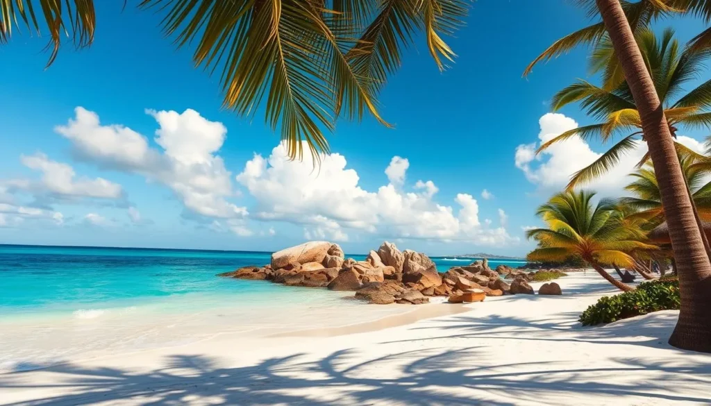 A serene, sun-dappled beach in Antigua, Barbuda, with azure waters lapping at powdery white sands. Swaying palm trees frame the idyllic scene, their fronds casting delicate shadows. In the middle ground, rocky outcroppings jut out, contrasting with the tranquil waves. The sky is a brilliant blue, peppered with fluffy white clouds. Warm, golden light bathes the entire landscape, creating a sense of peaceful solitude. Capture the unspoiled beauty of Runaway Bay, a true Caribbean paradise.