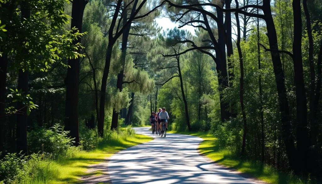 A serene, sun-dappled forest trail winds through verdant foliage, the Tammany Trace bike path meandering gracefully ahead. Tall, stately pines frame the scene, their branches casting gentle shadows upon the smooth, packed earth beneath cyclists' tires. In the distance, a family of riders glides along the tranquil route, enjoying the peaceful ambiance of this picturesque Louisiana landscape. Crisp, clean natural lighting illuminates the scene, accentuating the lush, vibrant greens of the surrounding vegetation. An inviting, idyllic atmosphere pervades, capturing the essence of an exhilarating yet relaxing outdoor adventure on the Tammany Trace.