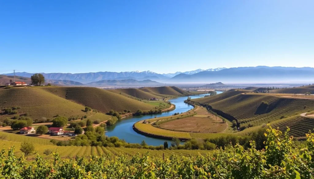 A serene, sun-dappled landscape in Temecula, California, showcasing the region's distinctive rainfall distribution. In the foreground, lush vineyards and rolling hills are dotted with verdant foliage, a testament to the area's Mediterranean climate. The middle ground features a winding river, its gentle flow reflecting the clear blue sky above. In the distance, majestic mountains rise, their peaks capped with a dusting of snow, hinting at the variance in precipitation across the local geography. The lighting is soft and natural, casting warm, golden hues that evoke a sense of tranquility and abundance. Captured with a wide-angle lens, the scene presents a comprehensive view of Temecula's diverse microclimates and the delicate balance of its seasonal rainfall patterns.