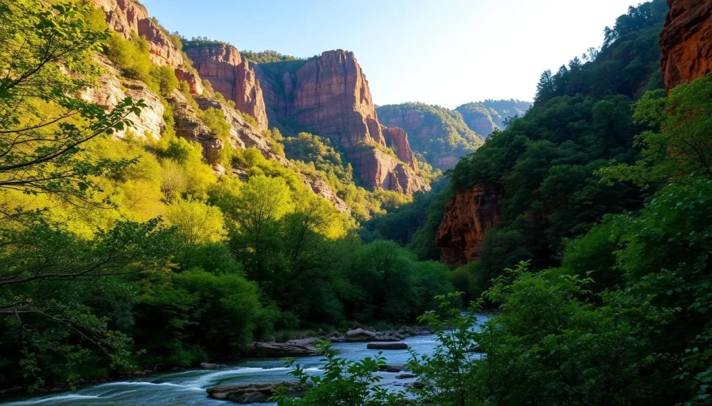 A serene, sun-dappled landscape of the Red River Gorge in Kentucky. In the foreground, a gently flowing river weaves through lush, verdant foliage. Towering, rocky cliffs rise majestically in the middle ground, their rugged surfaces illuminated by warm, golden light. In the background, dense, ancient forests stretch out, creating a sense of timeless, natural tranquility. The scene is captured through a wide-angle lens, providing a panoramic view that showcases the breathtaking beauty and grandeur of this geological wonder. The overall mood is one of peaceful exploration and reverence for the untamed, awe-inspiring splendor of this remarkable natural landscape.