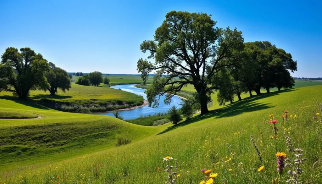 A serene, sun-dappled landscape showcasing the natural beauty of Illinois. In the foreground, rolling green hills dotted with vibrant wildflowers sway gently in a light breeze. The middle ground features a meandering river, its calm waters reflecting the azure sky above. Towering trees line the riverbanks, their lush foliage casting dappled shadows on the scene. In the distance, the flat expanse of the Prairie stretches out, punctuated by the occasional silo or farmhouse. The overall atmosphere is one of tranquility and natural harmony, capturing the essence of Illinois' pastoral charm.