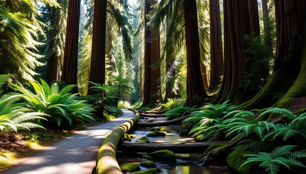 A serene, sun-dappled path winds through a lush, towering redwood forest. Verdant ferns and moss-covered logs line the gently meandering Redwood Creek, its waters glimmering in the soft, natural light. Majestic, centuries-old redwood trees soar skyward, their russet bark and dense, green canopies casting dappled shadows across the tranquil scene. A sense of peaceful solitude and connection with nature pervades the air, inviting the viewer to slow down and immerse themselves in the beauty of this iconic California landscape.