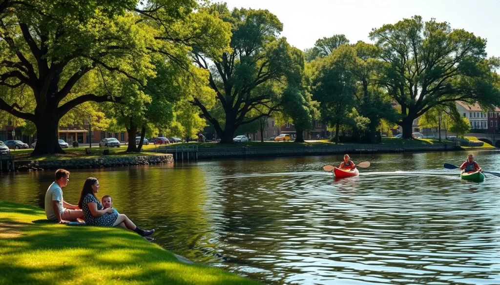 A serene, sun-dappled scene along the banks of the Merrimack River in Newburyport, Massachusetts. In the foreground, a family of four enjoys a leisurely picnic, their laughter mingling with the gentle lapping of the water. The middle ground features kayakers gliding across the glassy surface, their paddles creating mesmerizing ripples. Towering oak trees line the riverbank, their verdant foliage casting a warm, natural glow over the entire tableau. In the distance, the historic architecture of Newburyport's downtown core stands as a testament to the town's rich heritage. The overall mood is one of tranquility and connection with the great outdoors, inviting viewers to immerse themselves in the quintessential Newburyport experience.