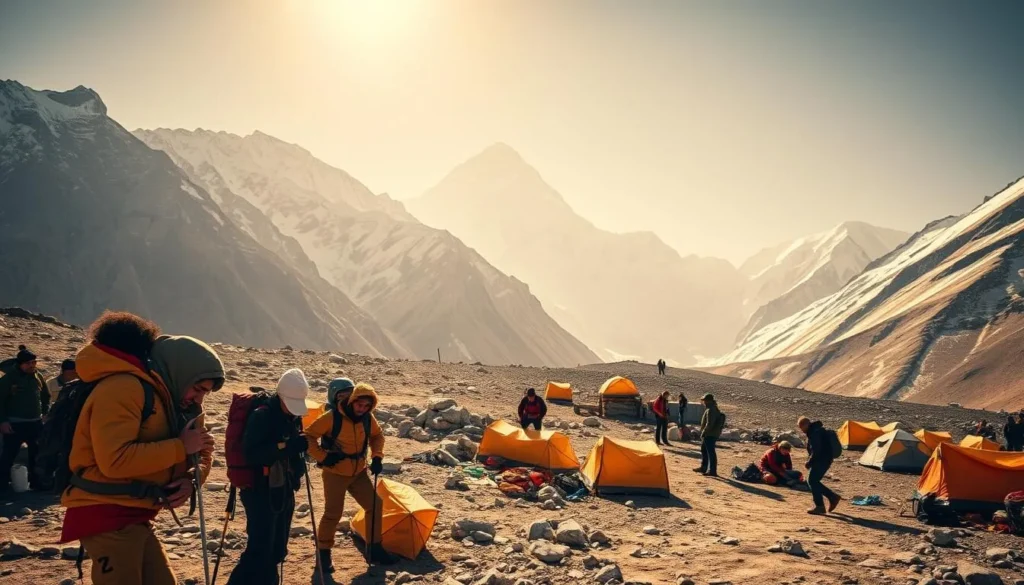 A serene, sun-dappled scene at the iconic Everest Base Camp, nestled amidst the majestic Himalayan peaks. In the foreground, seasoned mountaineers prepare their gear, their expressions a mix of excitement and determination. The middle ground showcases the bustling camp, tents dotting the rugged terrain, and sherpas tending to essential supplies. In the distance, the imposing presence of Mount Everest, its snow-capped summit reaching towards the heavens, creating an awe-inspiring backdrop. Warm natural lighting casts a golden glow, amplifying the sense of adventure and the rich history that this legendary site holds. A serene, cinematic composition that captures the spirit of Everest Base Camp and its enduring legacy.