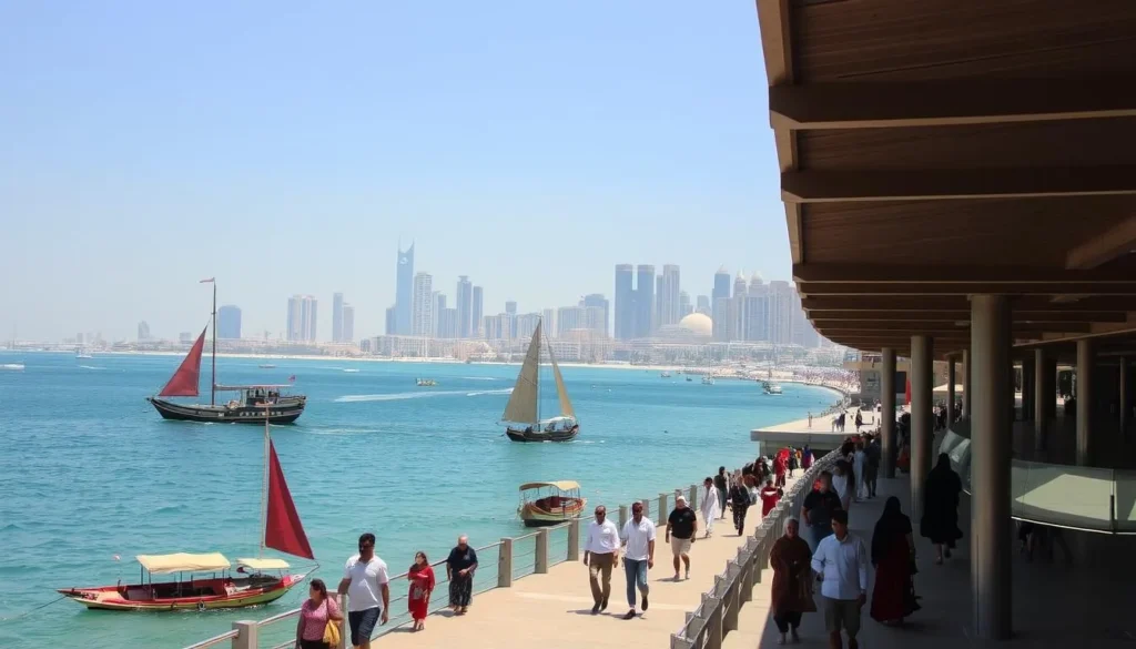 A serene, sun-dappled scene of Abu Dhalouf, Qatar, showcasing the vibrant local life. In the foreground, people stroll along a bustling promenade, enjoying the mild weather and taking in the sights. In the middle ground, traditional dhow boats bob gently in the turquoise waters of the Persian Gulf, their colorful sails catching the gentle breeze. In the background, the iconic skyline of Doha rises, a mix of modern high-rises and historic architecture. The atmosphere is one of tranquility and cultural richness, inviting the viewer to immerse themselves in the unique character of this Qatari coastal town.
