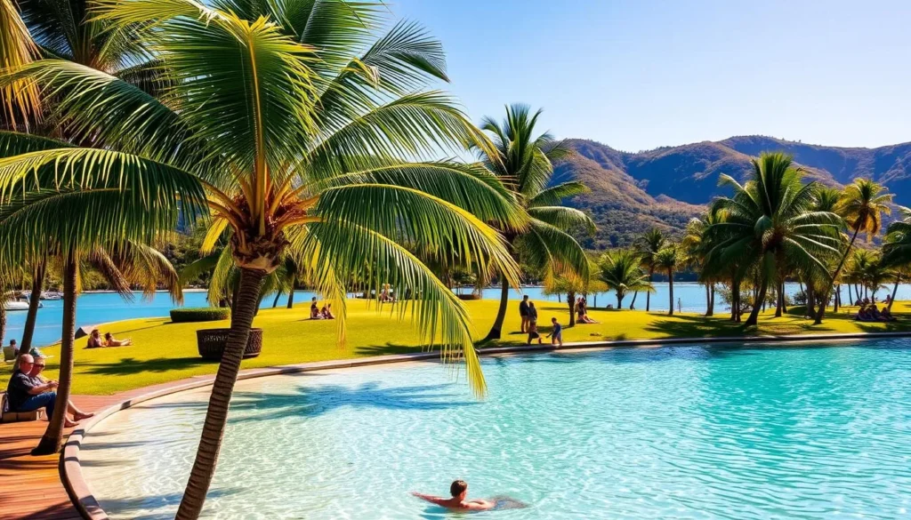 A serene, sun-dappled scene of the Airlie Beach Lagoon. In the foreground, crystal-clear turquoise waters invite visitors to relax and unwind. Lush palm trees sway gently in the breeze, casting soft shadows across the inviting pool. In the middle ground, people lounge on the surrounding grassy banks, enjoying the tranquil atmosphere. The background features the lush, rolling hills of the Whitsunday Ranges, bathed in warm, golden light. The overall mood is one of peaceful relaxation, perfectly capturing the essence of spending a leisurely day at this picturesque natural oasis.