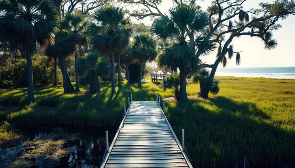 A serene, sun-dappled scene on Kiawah Island, South Carolina. In the foreground, a picturesque wooden dock stretches out over a tranquil tidal creek, its weathered planks leading the eye towards the lush, verdant marshlands beyond. In the middle ground, towering palmetto trees sway gently in the coastal breeze, their fronds casting intricate shadows on the ground below. In the distance, the horizon is dominated by a breathtaking view of the Atlantic Ocean, its waves lapping softly against the pristine sandy beaches. The lighting is soft and diffused, creating a warm, golden glow that infuses the entire scene with a serene, contemplative atmosphere, perfectly capturing the natural beauty and photographic potential of this enchanting coastal destination.
