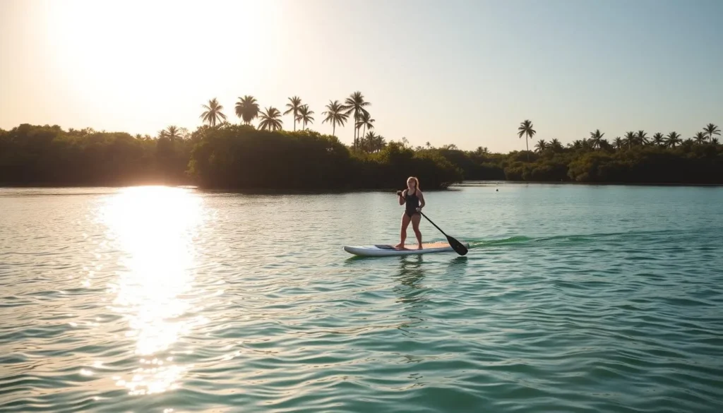 A serene, sun-dappled scene on Peanut Island, Florida. A person paddleboarding gracefully across the calm, turquoise waters, surrounded by lush mangroves and pristine beaches. The warm, golden light casts a soft glow, highlighting the paddler's fluid movements and the glistening surface of the water. In the distance, the silhouettes of palm trees sway gently in the breeze. The overall atmosphere evokes a sense of tranquility and the joy of being immersed in the natural beauty of this coastal paradise, perfect for water sports enthusiasts.