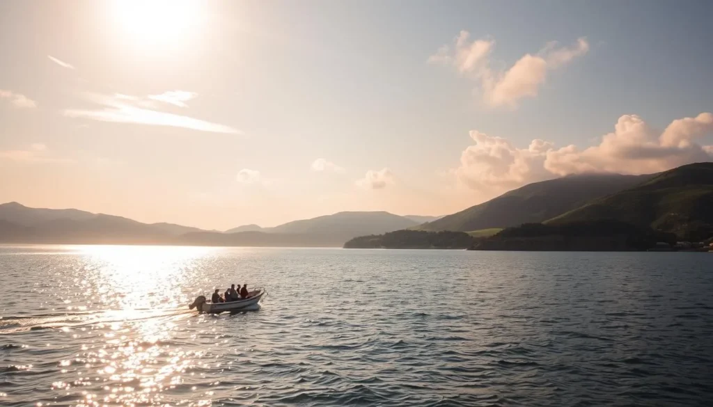 A serene, sun-dappled scene on the tranquil waters of the Sea of Galilee. A small boat glides across the glistening surface, guiding tourists along the historic shores. In the background, rolling hills and lush greenery frame the peaceful landscape. The warm, golden light filters through wispy clouds, casting a soft, ethereal glow over the entire tableau. The camera's lens captures the scene from a slightly elevated angle, offering a panoramic view that showcases the scale and beauty of this iconic Israeli landmark. The overall atmosphere is one of tranquility and wonder, inviting the viewer to imagine themselves embarking on a guided tour of this serene and spiritually significant body of water.