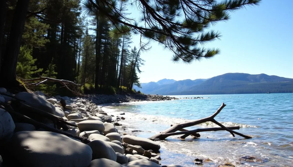 A serene, sun-dappled shore of Lake Superior, the crystalline waters lapping gently against the rocky coastline. In the foreground, smooth boulders and driftwood frame the scene, while in the middle ground, tall, lush pines sway in a gentle breeze. The background showcases the majestic, rolling hills of the Sawtooth Mountains, their rugged peaks silhouetted against a bright, azure sky. The lighting is soft and diffused, creating a tranquil, contemplative atmosphere. Capture this picturesque natural setting, inviting visitors to immerse themselves in the beauty and tranquility of Gooseberry Falls State Park.