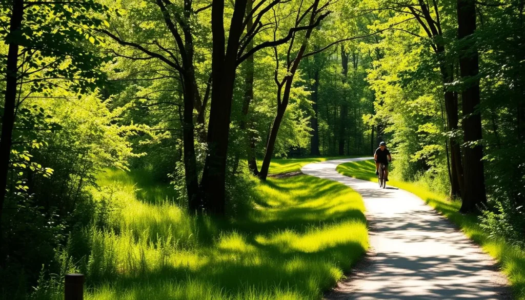 A serene, sun-dappled trail winds through the lush, verdant dunes of Indiana Dunes State Park. The Calumet Trail meanders gracefully, flanked by towering dunes on one side and a tranquil forest on the other. Dappled sunlight filters through the canopy, casting a warm, golden glow over the scene. In the distance, a cyclist navigates the gentle curves of the trail, immersed in the beauty of the natural surroundings. The overall atmosphere evokes a sense of peaceful exploration and outdoor adventure.