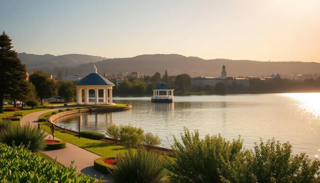 A serene, sun-dappled view of Lake Merritt, the shimmering crown jewel of Oakland, California. In the foreground, lush greenery and manicured gardens line the tranquil shores, inviting visitors to stroll along the picturesque walking paths. The middle ground showcases the iconic white-columned bandstand, a beloved landmark reflecting in the still waters. In the background, the rolling hills and historic architecture of downtown Oakland provide a stunning backdrop, bathed in the warm glow of a golden-hour sunset. Capture the peaceful ambiance and natural beauty of this urban oasis, a beloved gathering place for the community.