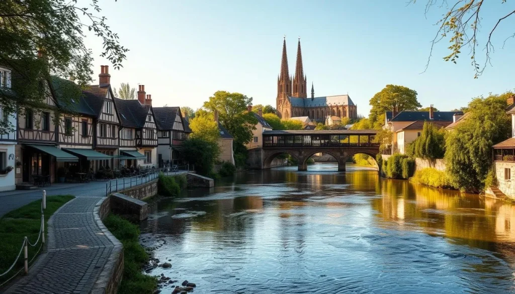 A serene, sun-dappled view of the Eure River gently flowing through the charming lower town of Chartres, France. In the foreground, the riverbanks are lined with lush greenery and cobblestone paths, inviting leisurely strolls. The middle ground showcases historic half-timbered houses and quaint bridges arching over the tranquil waters. In the background, the iconic spires of Chartres Cathedral rise majestically, casting warm, golden light across the scene. Capture the timeless, picturesque atmosphere of this quintessential French riverside setting, bathed in soft, diffused natural lighting.