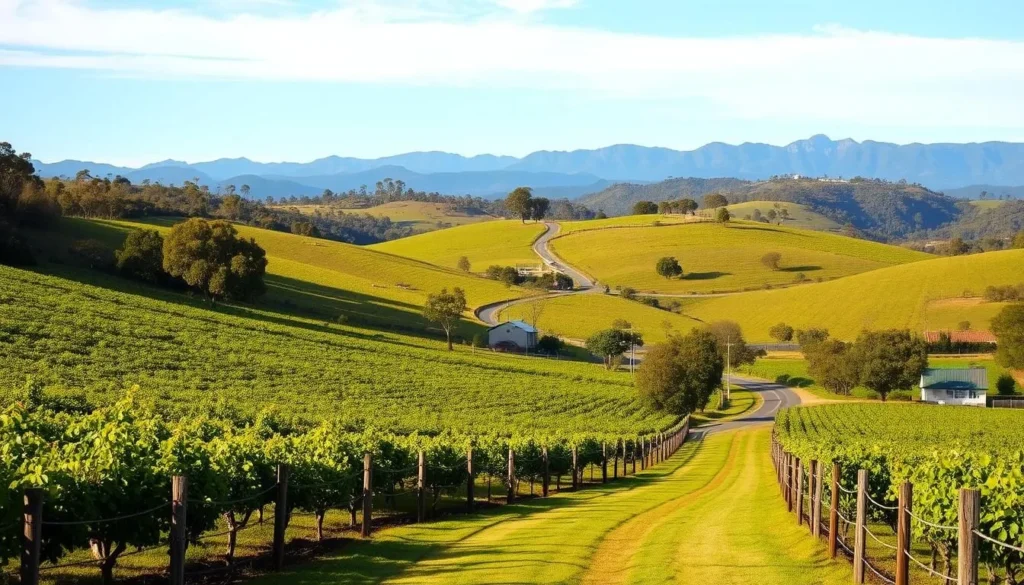 A serene, sun-dappled vista of the picturesque Hunter Valley region in New South Wales. In the foreground, gently rolling hills covered in lush, verdant vineyards and orchards, their colors vibrant under the warm, golden light. The middle ground features a winding, tree-lined country road, flanked by weathered wooden fences and quaint, charming farmhouses. In the distance, the Blue Mountains rise majestically, their peaks capped with a soft, hazy blue. The scene exudes a sense of tranquility and pastoral charm, inviting the viewer to explore the delights of this stunning, quintessentially Australian landscape.