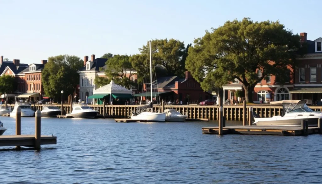 A serene, sun-dappled waterfront scene in the historic town of New Bern, North Carolina. In the foreground, wooden docks and boats sway gently on the calm waters of the Neuse River. Stately 19th-century buildings line the middle ground, their brick facades and ornate architectural details glowing in the warm afternoon light. Tall trees sway in the background, casting dappled shadows across the scene. The overall mood is one of timeless, tranquil charm - a picturesque glimpse into New Bern's well-preserved past.