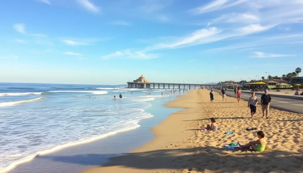 A serene, sun-drenched afternoon at San Clemente Beach, California. Gently lapping waves caress the pristine, golden sand as beachgoers relax under the warm, coastal sunlight. In the foreground, families build sandcastles and play in the cool, shallow waters. The middle-ground features sun-kissed individuals strolling along the lively boardwalk, taking in the breathtaking vistas of the Pacific Ocean. In the distance, the iconic San Clemente Pier stretches out towards the horizon, its timeless silhouette framed by the deep blue sky and wispy clouds. Capture the essence of a perfect beach day, where tranquility, leisure, and natural beauty converge for an unforgettable coastal experience.