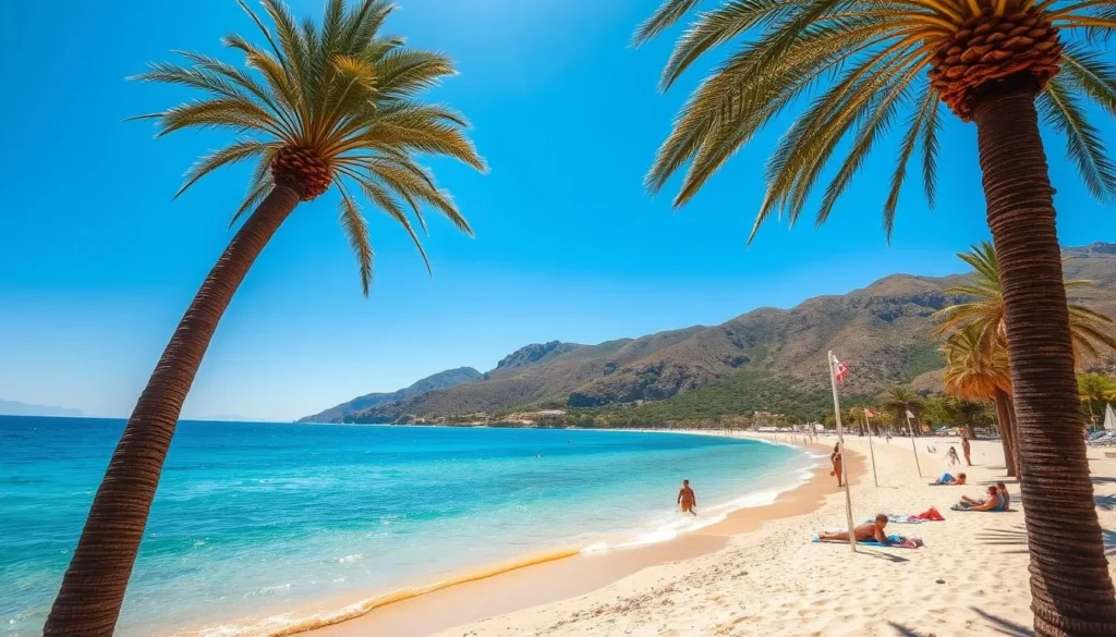 A serene, sun-drenched beach on the picturesque Aegina Island, Greece. The crystal-clear turquoise waters gently lap against the soft, golden sand. Tall, swaying palm trees line the shore, casting dappled shadows over the scene. In the background, rugged, verdant hills rise up, adding depth and character to the landscape. The sky is a brilliant, cloudless azure, with the warm Mediterranean sun illuminating the entire idyllic setting. Beachgoers relax on colorful towels, some swimming in the refreshing waters, others strolling along the water's edge. The atmosphere exudes a sense of tranquility and natural beauty, perfectly capturing the essence of the best beaches on Aegina Island.
