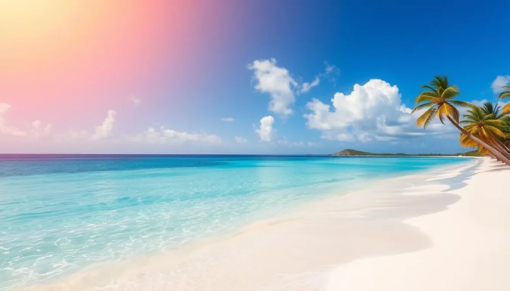 A serene, sun-drenched beach with pristine white sand stretching out as far as the eye can see. The gentle lapping of crystal-clear turquoise waves caress the shoreline, creating a peaceful, tranquil atmosphere. Swaying palm trees cast soft, dappled shadows on the sand, and a cloudless, azure sky overhead is illuminated by the warm, golden glow of the midday sun. The scene exudes a sense of tranquility and relaxation, inviting the viewer to imagine themselves strolling along the idyllic shore, taking in the stunning natural beauty of Rendezvous Bay, Montserrat.