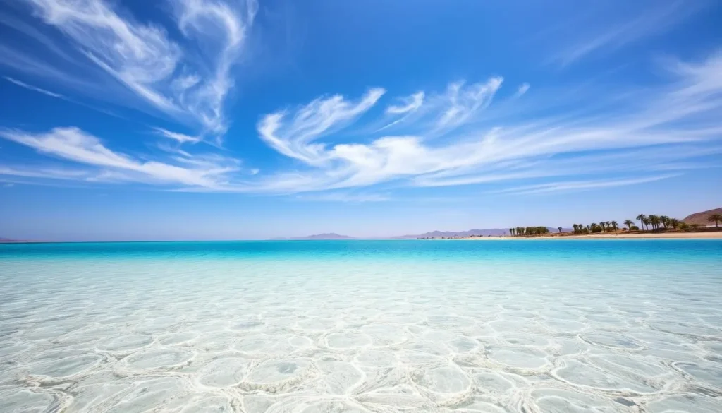 A serene, sun-drenched panorama of the Dead Sea, nestled between the dramatic desert landscapes of Jordan. Wispy cirrus clouds drift across a brilliant azure sky, casting gentle shadows upon the still, turquoise waters below. In the foreground, the unique mineral-rich composition of the sea's surface creates a mesmerizing pattern of swirling, crystalline formations. The distant shoreline is dotted with lush palm trees, their fronds swaying softly in the warm, salty breeze. Capture the tranquil, rejuvenating atmosphere of this remarkable natural wonder at the perfect time of day.